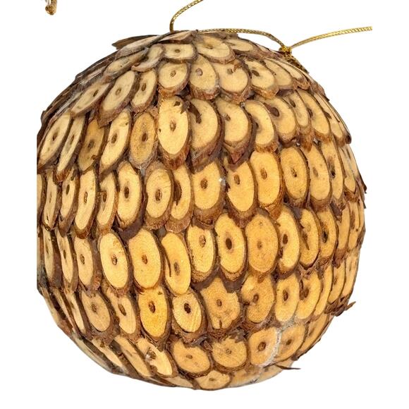 Pair of Unique Wood Slice Ball Ornaments 4" Natural Material Rustic Sustainable - Picture 2 of 5